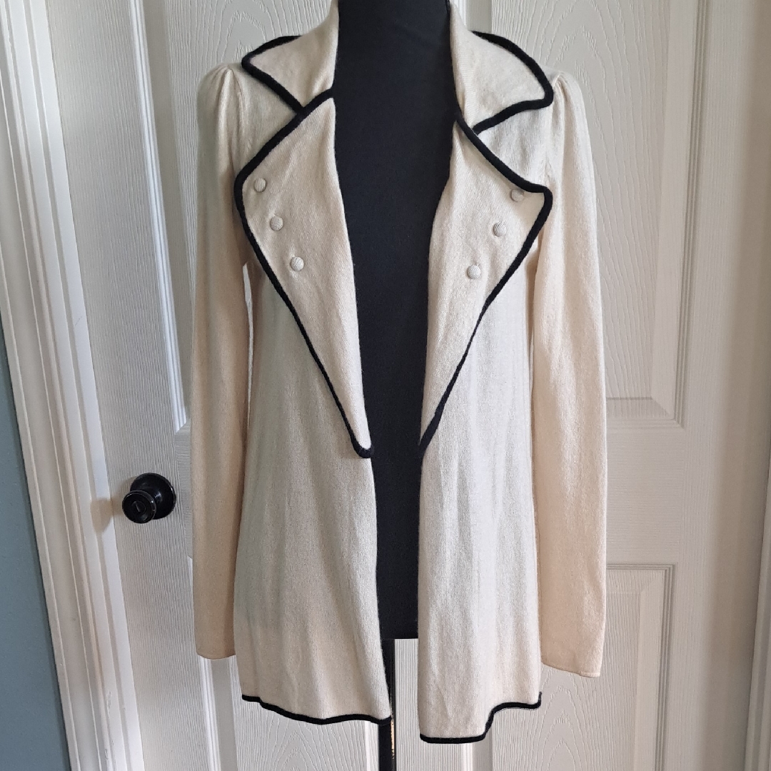 Jamison 100% Cashmere Cream Black Trim Longline Double Breasted Cardigan Sweater